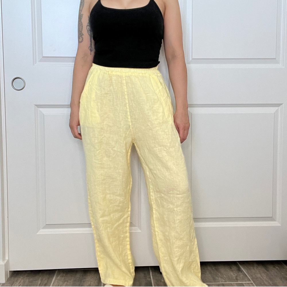 Terzo Millennio Linen Pants Women M Butter Yellow Elastic Waist Wide Leg Italy